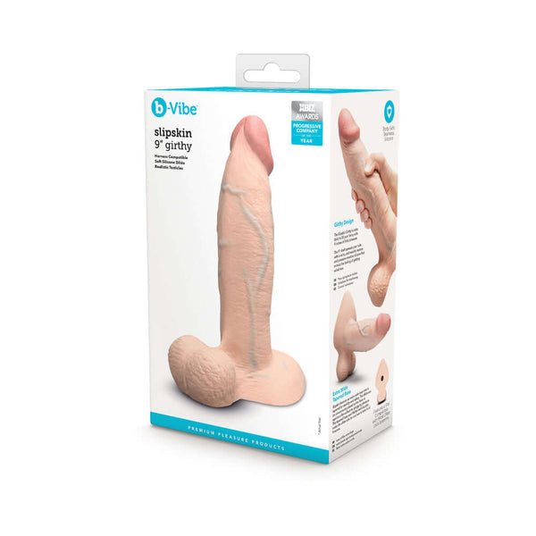 b Vibe Slipskin Realistic Silicone Dildo 9 inches Girthy Cream product packaging with detailed design