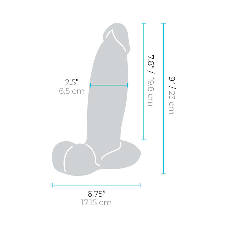 b Vibe Slipskin Realistic Silicone Dildo 9 inches Girthy Cream dimensions showing height, width, and girth size.