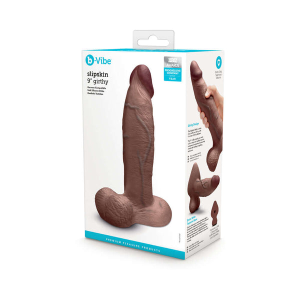 b-Vibe Slipskin Realistic Silicone Dildo 9 inches Girthy Brown packaging with lifelike details and textures.