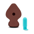 b-Vibe Slipskin Realistic Silicone Dildo 9 inches Girthy Brown next to a turquoise attachment on a white background.