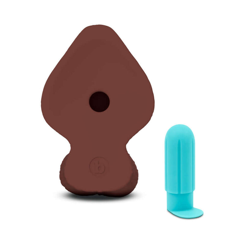 b-Vibe Slipskin Realistic Silicone Dildo 9 inches Girthy Brown next to a turquoise attachment on a white background.