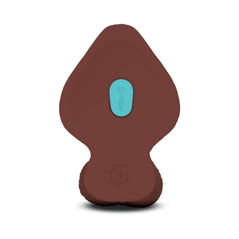b-Vibe Slipskin Realistic Silicone Dildo 9 inches Girthy Brown base view with button detail.