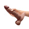 b-Vibe Slipskin Realistic Silicone Dildo 9 inches Girthy Brown held in hand, showcasing its lifelike design and texture.