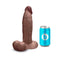 b-Vibe Slipskin Realistic Silicone Dildo 9 inches Girthy Brown beside a blue can for size comparison