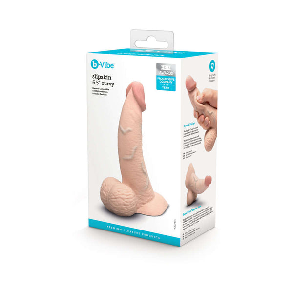 b-Vibe Slipskin Realistic Silicone Dildo 6.5 inch Curved Cream packaging showcasing its lifelike design and features.