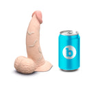 b-Vibe Slipskin Realistic Silicone Dildo 6.5 inch Curved Cream next to a blue can for size comparison.