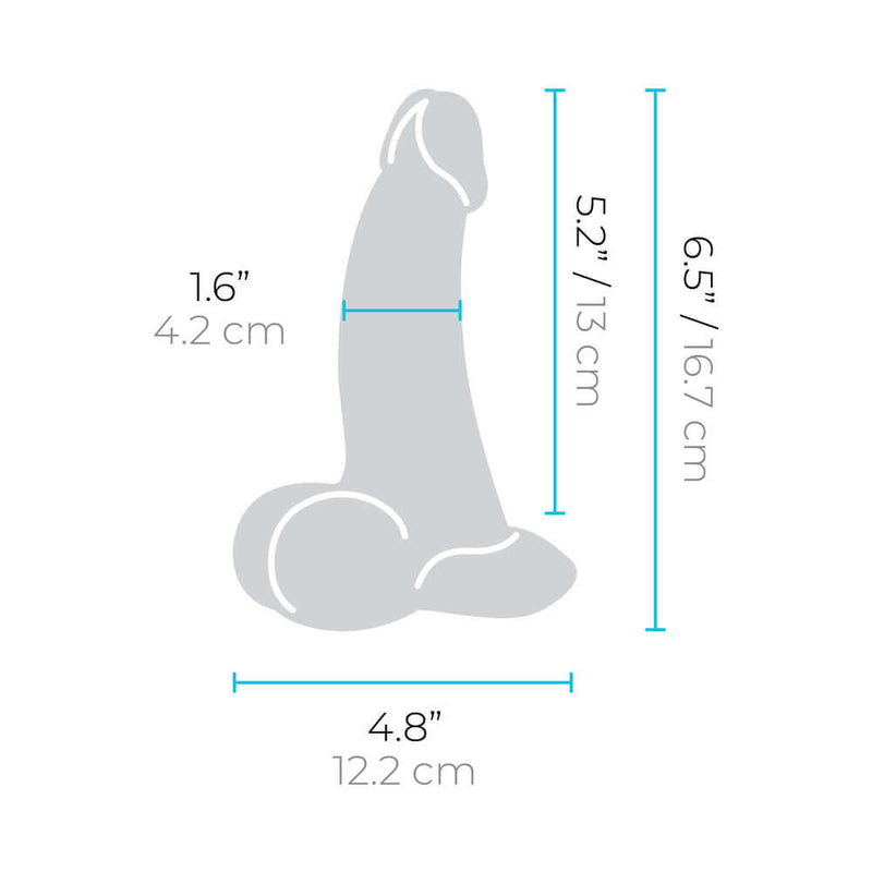 Dimensions of b-Vibe Slipskin Realistic Silicone Dildo 6.5 inch Curved Mocha, 1.6 x 5.2 x 6.5 inches.