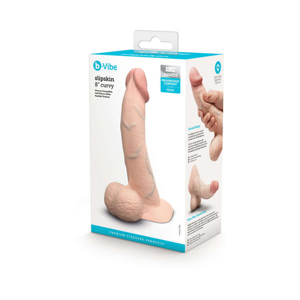 b-Vibe Slipskin Realistic Silicone Dildo 8 inch Curved Cream packaging showcasing its lifelike design and curve