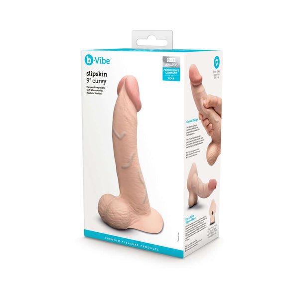 b-Vibe Slipskin Realistic Silicone Dildo 9 inch Curved Cream packaged with detailed design and realistic features.
