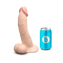 b-Vibe Slipskin Realistic Silicone Dildo 9 inch Curved Cream next to a soda can for scale.