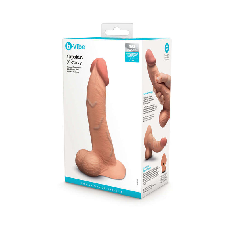 b-Vibe Slipskin Realistic Silicone Dildo 9 inch Curved Mocha product packaging showcasing curved design.
