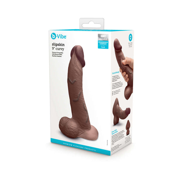 b-Vibe Slipskin Realistic Silicone Dildo 9 inch Curved Brown packaging showcasing the realistic design and features.