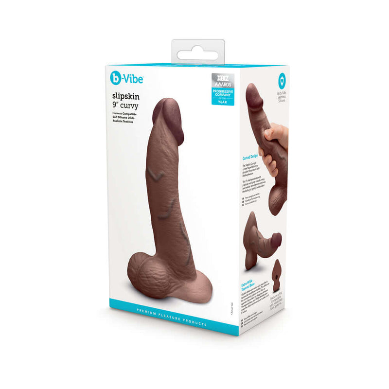b-Vibe Slipskin Realistic Silicone Dildo 9 inch Curved Brown packaging showcasing the realistic design and features.