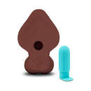 b-Vibe Slipskin Realistic Silicone Dildo 9 inch Curved Brown alongside a blue silicone attachment for versatile pleasure.
