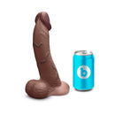 b-Vibe Slipskin Realistic Silicone Dildo 9 inch Curved Brown next to a can for size comparison.