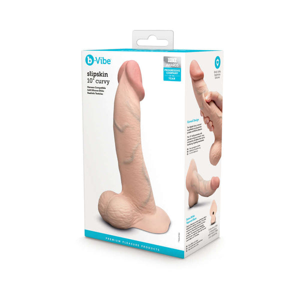 b-Vibe Slipskin Realistic Silicone Dildo 10 inch Curved Cream packaging with realistic design and texture.
