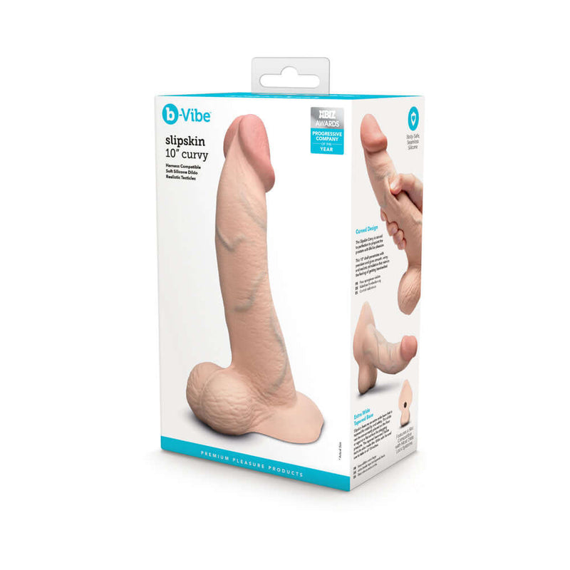 b-Vibe Slipskin Realistic Silicone Dildo 10 inch Curved Cream packaging with realistic design and texture.