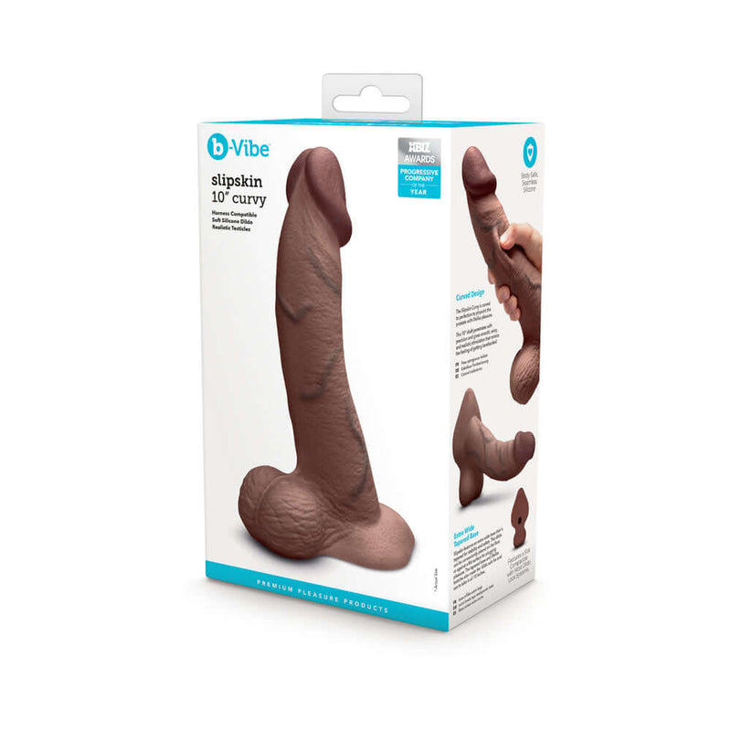 b-Vibe Slipskin Realistic Silicone Dildo 10 inch Curved Brown packaging with curved design and premium silicone.