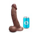 b-Vibe Slipskin Realistic Silicone Dildo 10 inch Curved Brown next to a soda can for size reference.