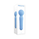 Iris Rechargeable Silicone Wand Blue in packaging showcasing its sleek design and soft silicone material.