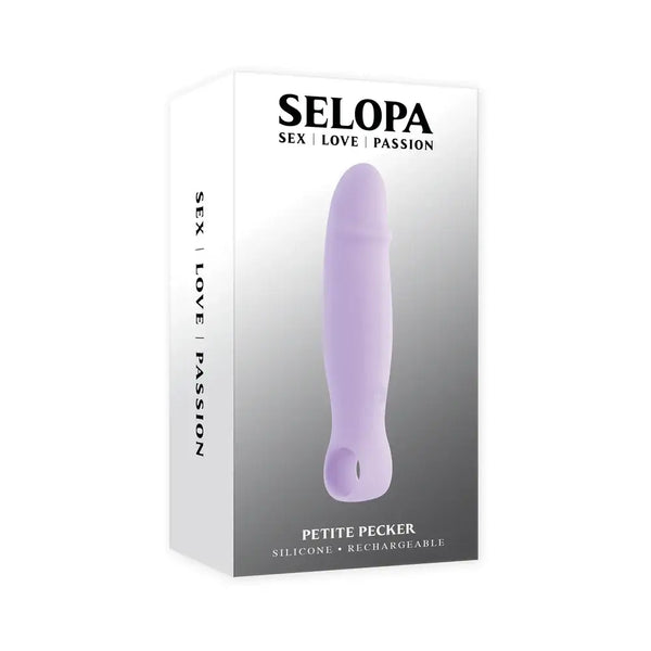Selopa Petite Pecker Rechargeable Silicone Vibrator Purple in packaging, designed for precise stimulation and powerful vibrations.