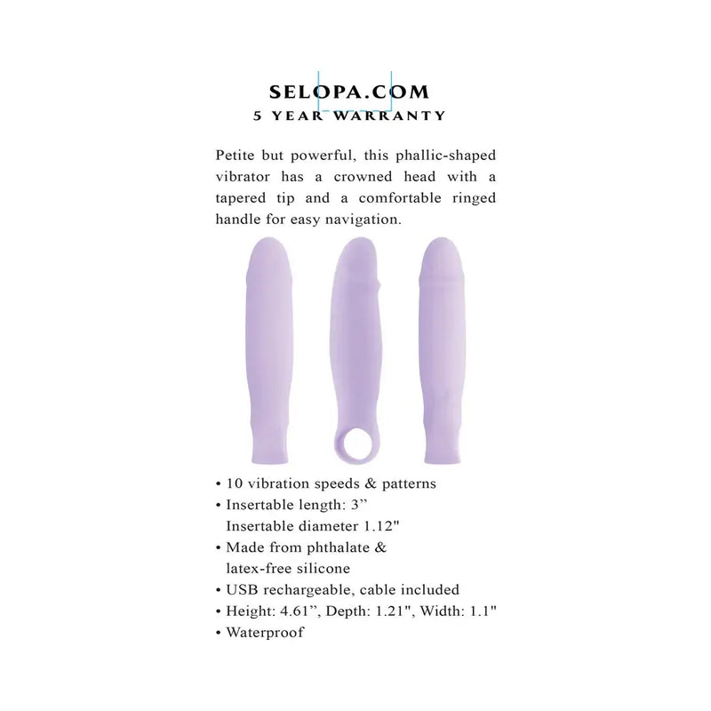 Selopa Petite Pecker Rechargeable Silicone Vibrator Purple with crowned head and ringed handle for easy navigation.