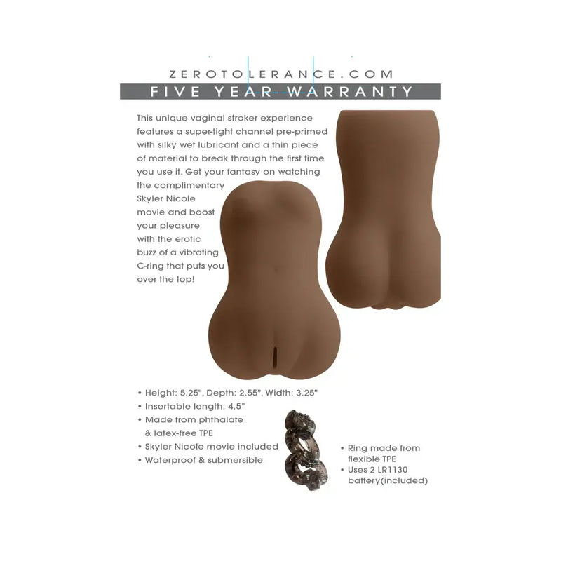 Skyler Nicole Movie and Realistic Wet n Ready Stroker with description and specifications on a product image.