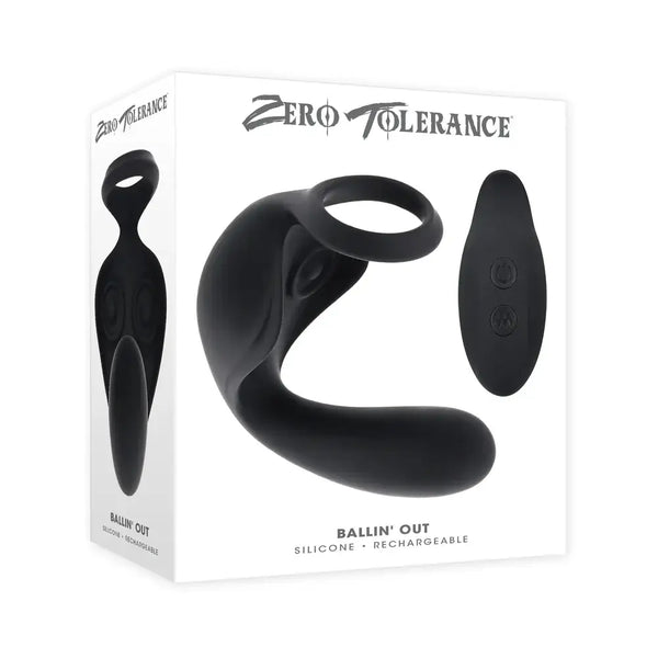 Ballin Out Silicone Rechargeable Prostate Massager Black packaging with a sleek design and control features.