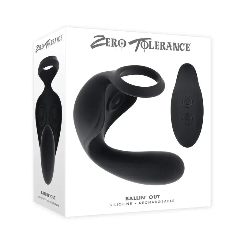 Ballin Out Silicone Rechargeable Prostate Massager Black packaging with a sleek design and control features.