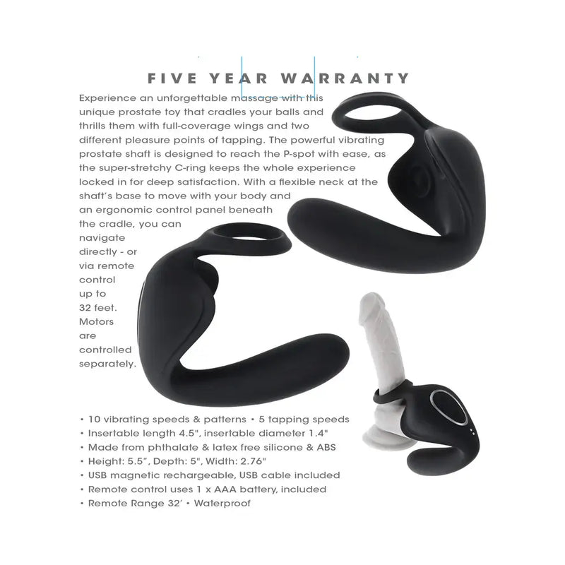 Ballin Out Silicone Rechargeable Prostate Massager Black with full-coverage wings and powerful vibrating shaft.