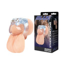 Blueline Small Dick Acrylic Mini Chastity Cage Clear displayed with packaging.