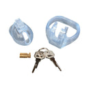 Blueline Small Dick Acrylic Mini Chastity Cage Clear components including cage parts and keys.