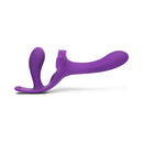 Together Lock-In Dual-Ended Vibrating Strap-on & Harness Set in vibrant purple for couples' pleasure.
