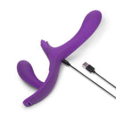 Together Lock-In Dual-Ended Vibrating Strap-on & Harness Set in purple with USB charging cable.
