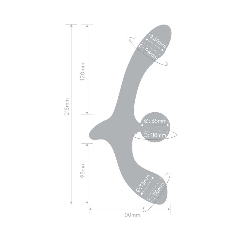 Technical diagram of Together Double Tap Dual Ended Vibrating Strapless Strap on with dimensions.