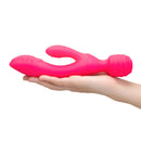 Together Tri Delight Dual-Ended Triple Stim Wand & Rabbit Vibrator in a hand, showcasing its vibrant pink design.