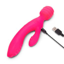 Together Tri Delight Dual-Ended Triple Stim Wand & Rabbit Vibrator in vibrant pink color with USB charging cable.