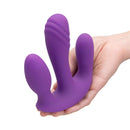 Together Blended Pleasure Remote Controlled Triple-Pronged Vibrator held in a hand, showcasing its sleek design and functionality.
