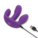 Together Blended Pleasure Remote Controlled Triple-Pronged Vibrator in purple with USB charging cord.
