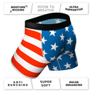 Shinesty Mascot American Flag Ball Hammock Underwear XL featuring stars and stripes design with key features highlighted.