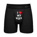 Shinesty Brownie Points Ball Hammock Pouch Underwear Medium with 'I ♥ MY WIFE' graphic design in black.
