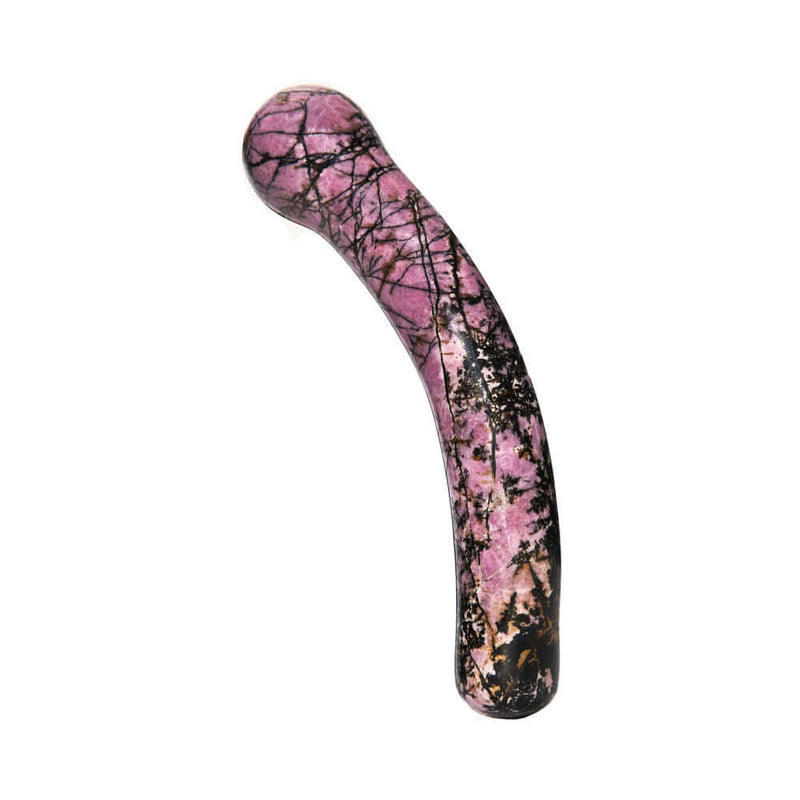 Chakrubs Anahata Curve Rhodonite Wand, hand-carved pleasure tool for emotional healing and heart chakra balance.