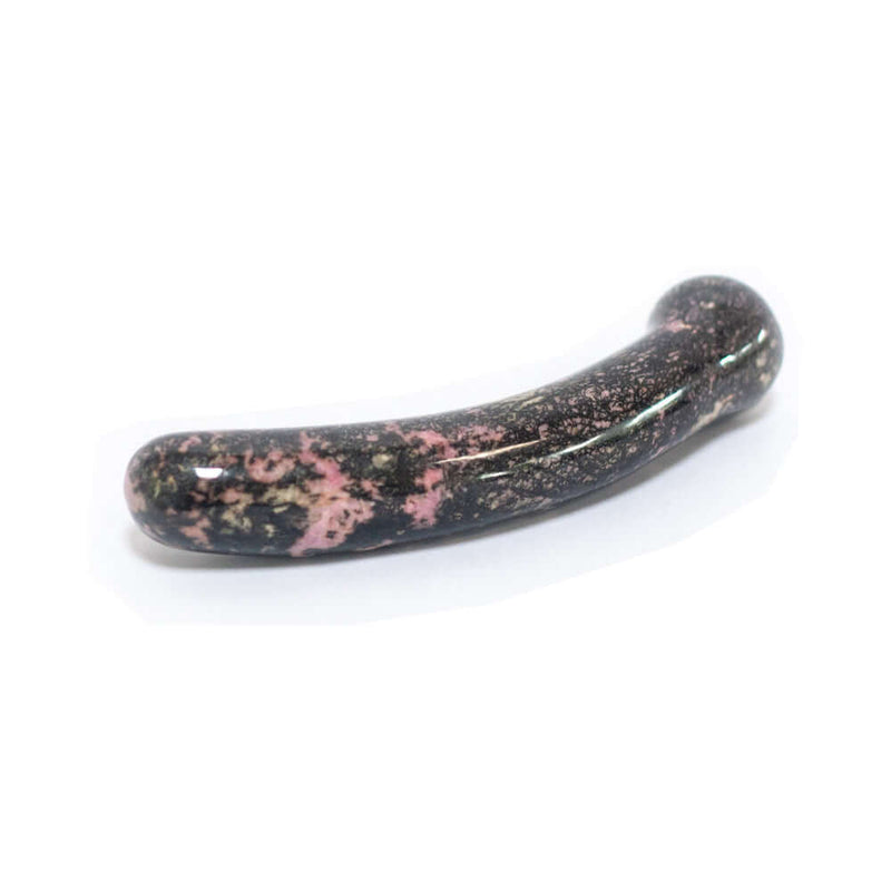 Chakrubs Anahata Curve Rhodonite Wand showcasing its sleek design and unique rhodonite crystal details.