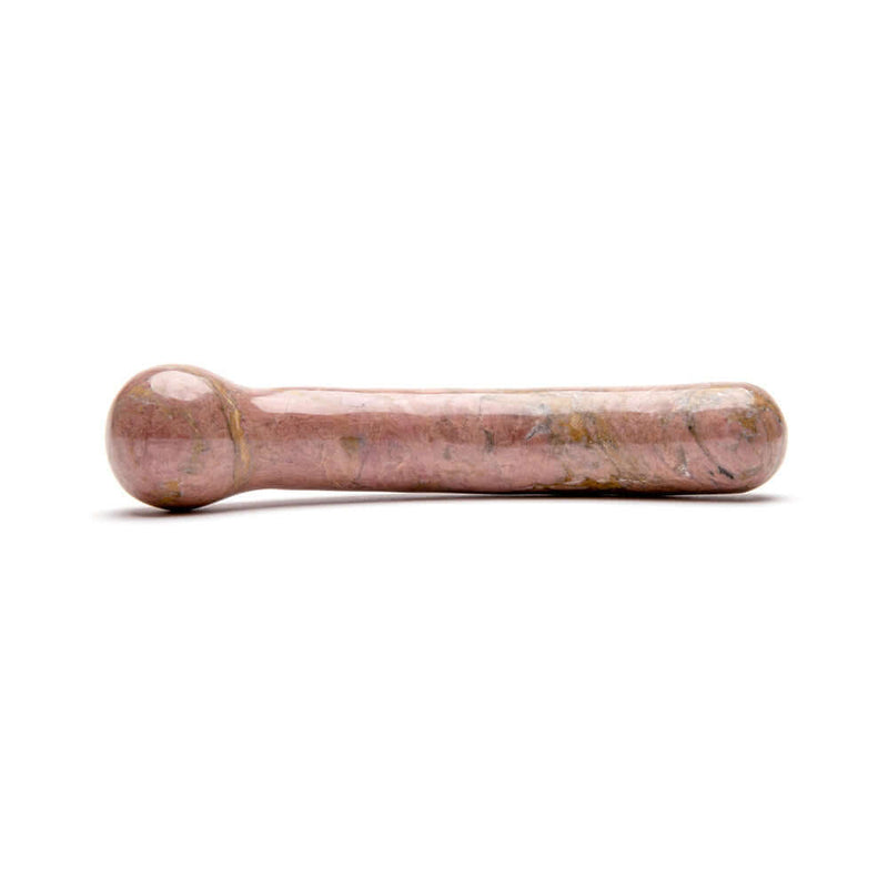 Chakrubs Anahata Curve Rhodonite Wand, a hand-carved rhodonite crystal pleasure tool for emotional healing.