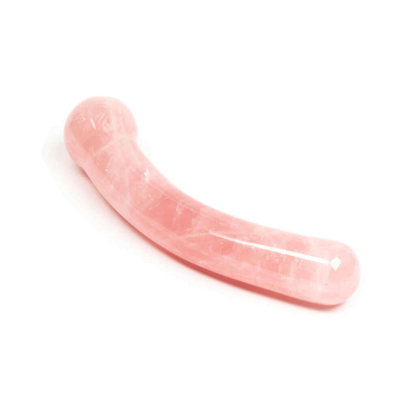 Chakrubs Heart Curve Rose Quartz Wand, a hand-sculpted pleasure tool made from pure rose quartz, curved for G-spot focus.