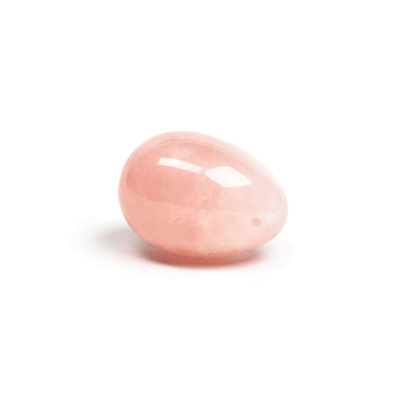 Chakrubs Heart Yoni Egg Rose Quartz drilled, a hand-carved rose quartz crystal egg for pelvic floor strength and emotional healing.