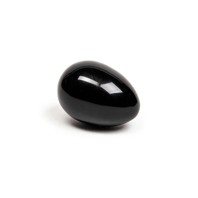 Chakrubs Xaga Yoni Egg Obsidian non-drilled, a polished black obsidian egg for pelvic floor strengthening.