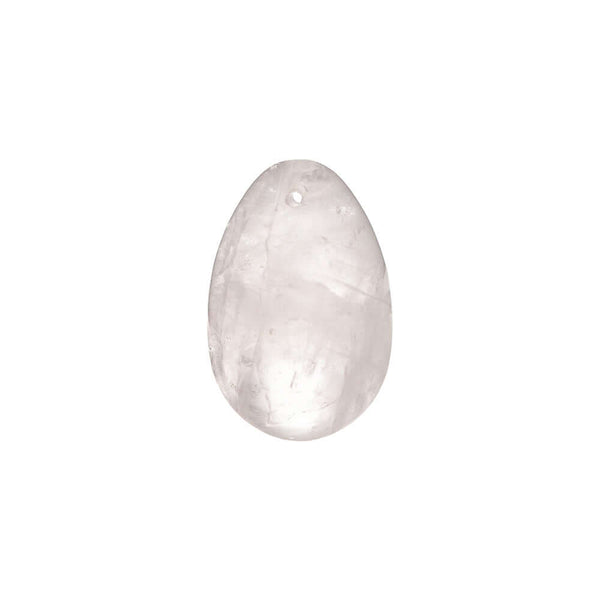 Chakrubs Prism Yoni Egg Clear Quartz drilled, a hand-carved crystal wellness tool for pelvic floor strengthening.