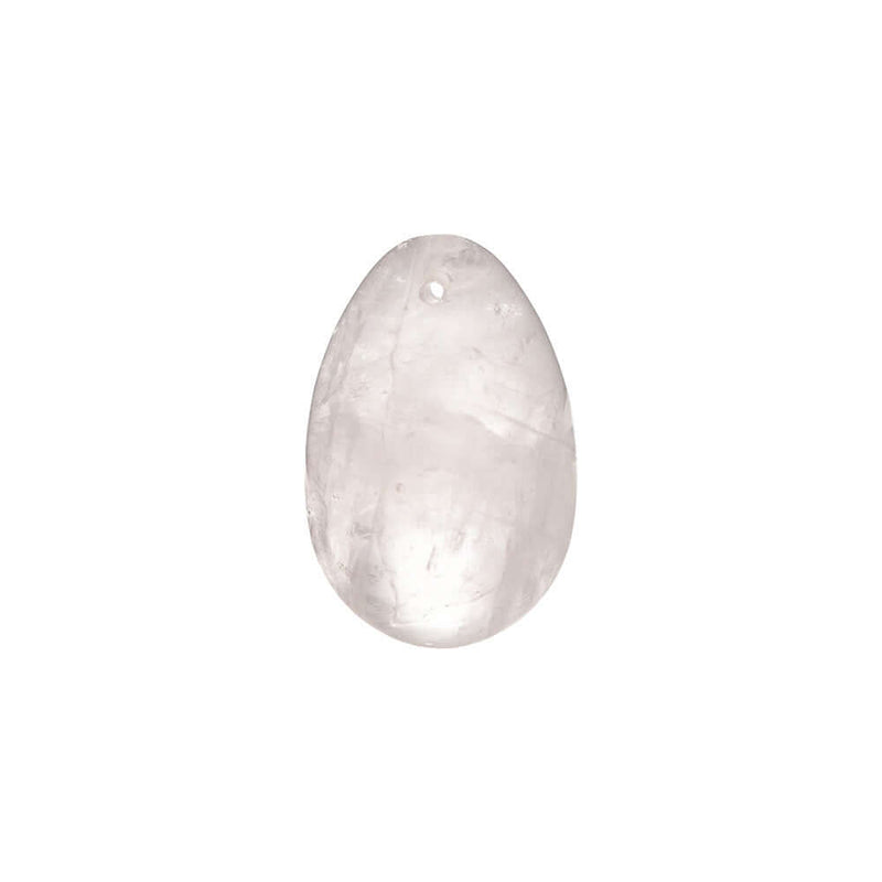 Chakrubs Prism Yoni Egg Clear Quartz drilled, a hand-carved crystal wellness tool for pelvic floor strengthening.