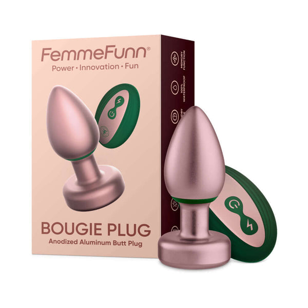 FemmeFunn Bougie Anal Plug Rose Gold with packaging, premium anodized aluminum for luxury anal play.